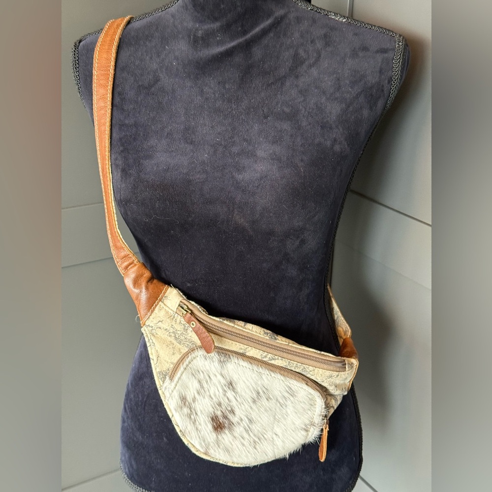 Myra Bag hair on hide, canvas, leather adjustable straps, fanny/crossbody, 2zips